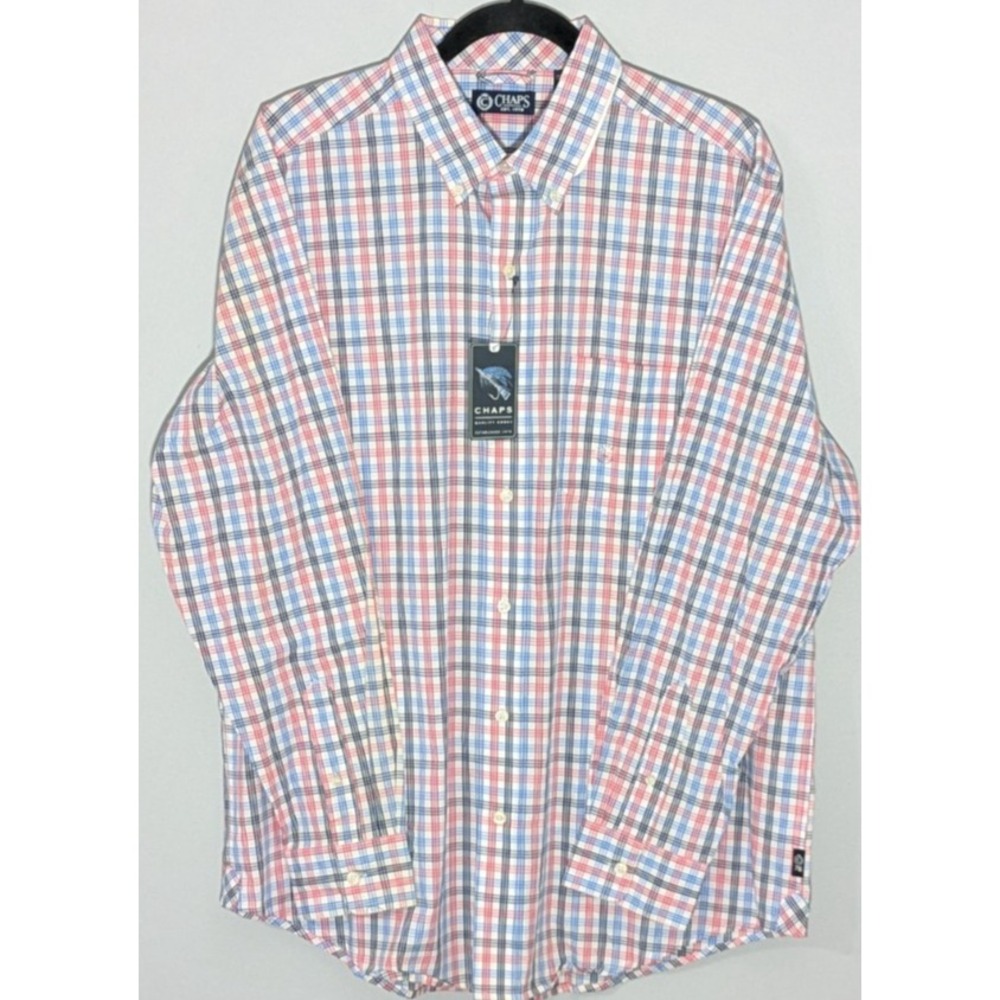 Chaps Mens Easy Care Cotton Grid Plaid Button Down Long Sleeve Shirt Large NWT